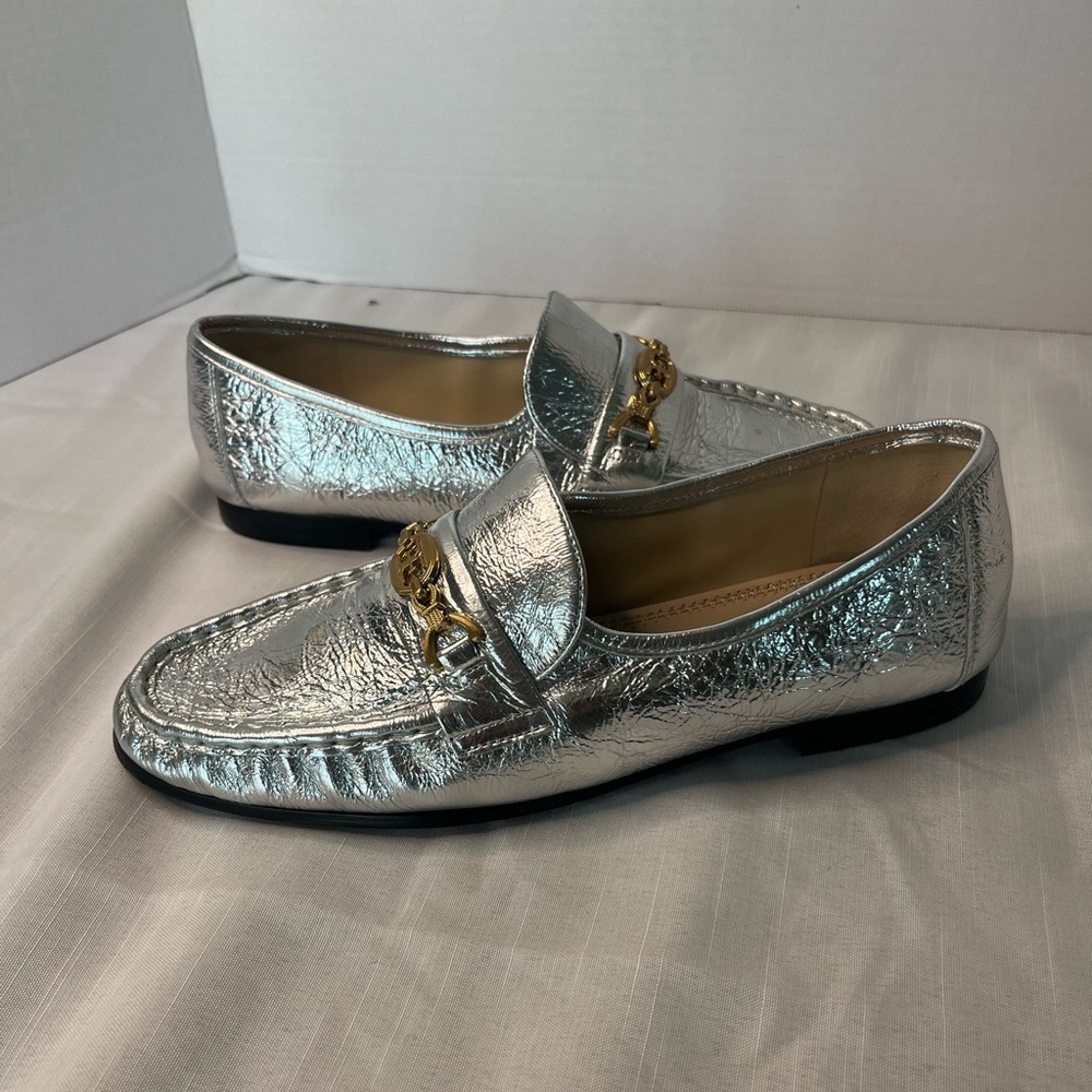Sam Edelman Metallic Silver Leather Loafers with Gold Hardware - Picture 3 of 7